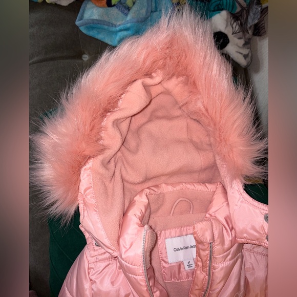 Calvin Klein faux fur hooded Blush Pink Puffer w/Belt Coat - EUC Like New - Picture 5 of 11